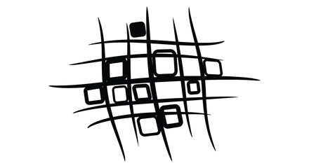 A minimalist black and white abstract design featuring intersecting lines and various sized square and rectangular shapes