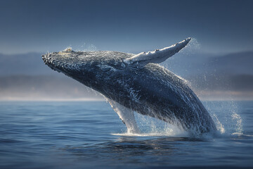 Obraz premium Humpback whale breaching ocean surface with water splashing around, showing dynamic movement and natural marine wildlife in bright clear day
