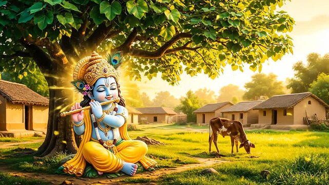 Vibrant digital painting of little krishna playing the flute, bathed in golden light in a peaceful rural village.