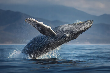 Obraz premium Humpback whale jumping out of water with extended flipper in ocean near mountain coastline under cloudy sky, dynamic marine wildlife scene full of energy and natural beauty
