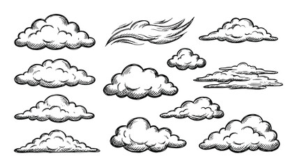 Fototapeta premium Hand Drawn Cloud Sketch Collection, Vintage Sky, Ink Style Clipart, Doodle Clouds, Weather Elements