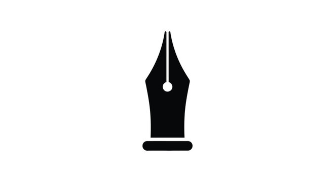 A stark minimalist depiction of a black fountain pen nib showcasing its pointed tip and ink reservoir