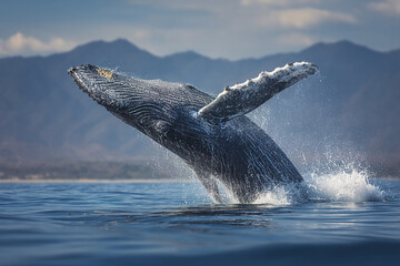 Obraz premium Humpback whale breaching ocean surface with splash and mountain background under cloudy sky, showing powerful marine mammal in natural habitat with dynamic water movement