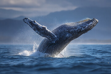Obraz premium Humpback whale breaches ocean surface with water splashing around its body under cloudy sky, showcasing power and grace of marine life in natural seascape