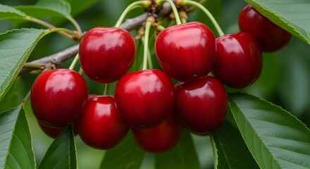 Obraz premium A cluster of glossy, deep red cherries ripening on a branch with vibrant green leaves. A perfect representation of summer harvest and natural sweetness.