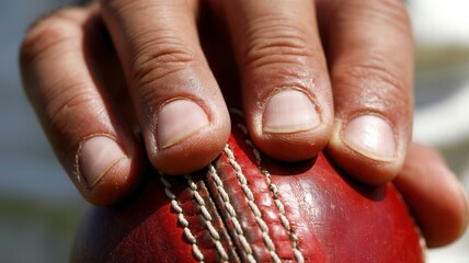 Close-up of hand gripping a red leather cricket ball