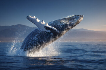 Fototapeta premium Humpback whale breaching ocean surface with water splashing and mountains in background during clear day, showcasing marine wildlife in natural habitat with dynamic motion