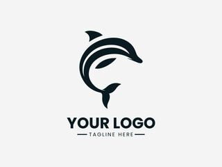 Fototapeta premium Black dolphin logo design on a white background with space for custom text and tagline.