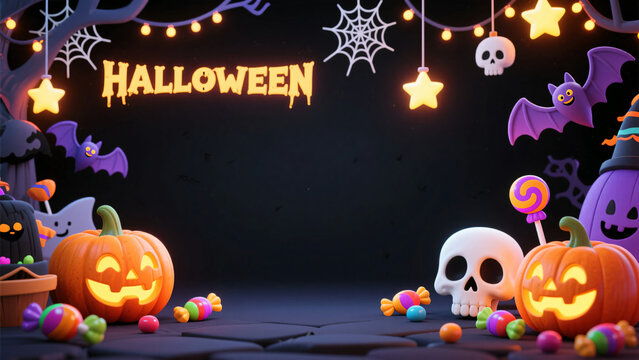 Festive Halloween stage or backdrop design with glowing pumpkins, skulls, bats, and candy against a dark background, framed by string lights and webs.