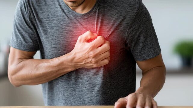Middle-aged man suffers severe heart pain, clutching his chest with a red glow highlighting the painful area, indicating a medical emergency.