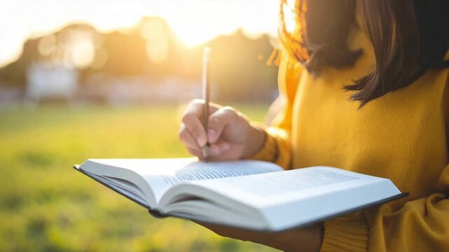 Young person writing in book outdoors during golden hour sunset