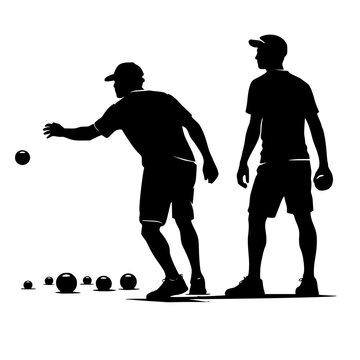 Black silhouette illustration of two men playing petanque or bocce ball. Minimalist high-contrast graphic showing one player tossing a ball while another observes, perfect for sports and leisure theme