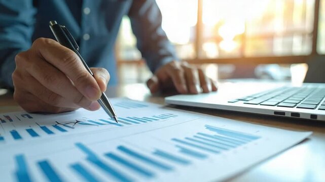 Businessman analyzing financial data and charts on paper with laptop