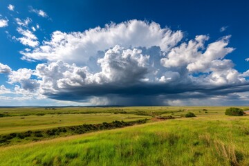 Fototapeta premium Dramatic Supercell Storm Over Vast Open Plains Under Bright Blue Sky