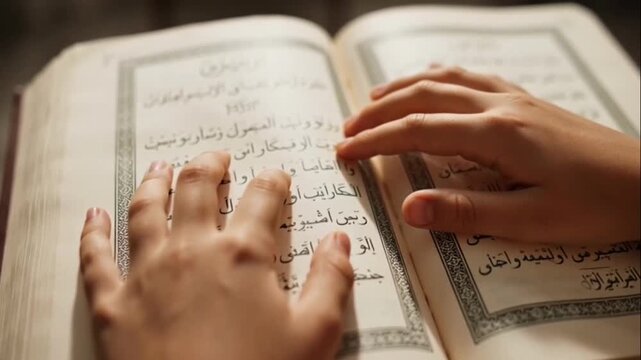 Hands Reading Islamic Holy Book Quran.