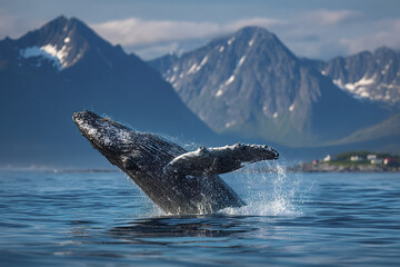 Naklejka premium Humpback whale breaching in ocean near mountain range with snow patches and small coastal village under cloudy sky, dynamic splash and natural wildlife scene