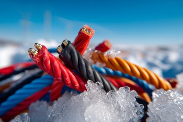 Colorful Cables Emerging from Melting Polar Ice on Bright Surface