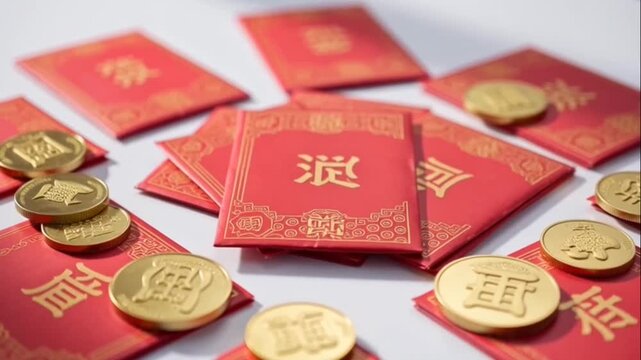 Red Envelopes with Gold Coins for Chinese New Year.