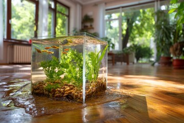 Water Leak from Aquarium in Home Environment with Plants and No Fish