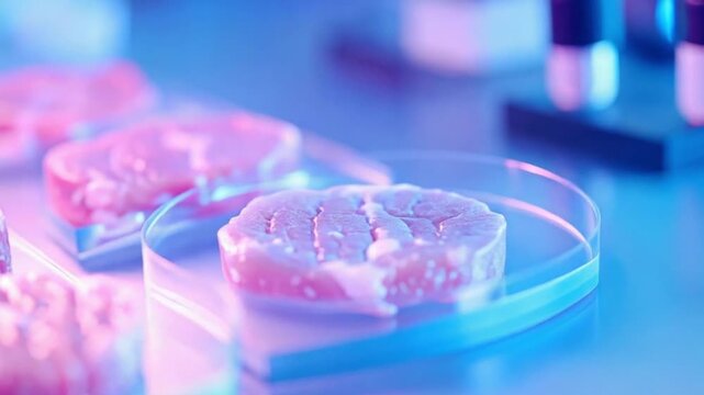 Lab-grown meat samples in petri dishes under scientific light