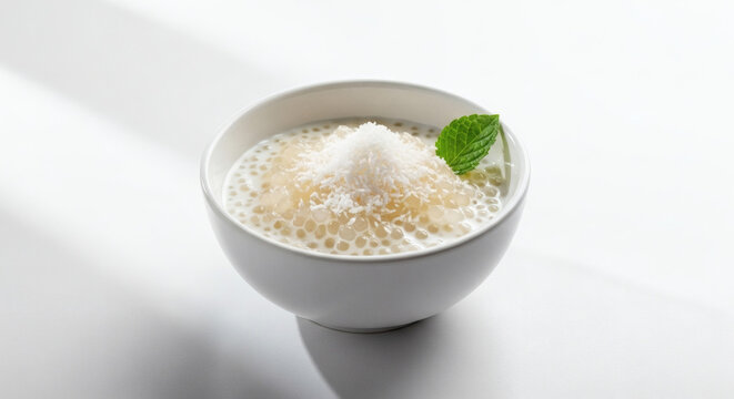 Brazilian sweet tapioca pudding isolated on white background, soft lighting, minimal style