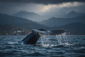 Naklejka premium Whale tail fin splashing water droplets in ocean with mountain landscape and cloudy sky background creating dramatic and serene marine scene