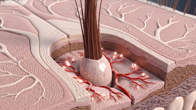 Detailed CGI Animation of Hair Follicle Cross Section Showing Blood Vessels Skin Layers and Hair Shaft for Educational