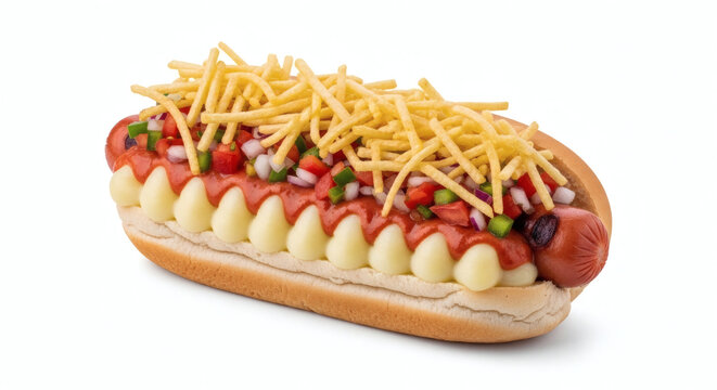 Brazilian hot dog isolated on white background, minimal composition, commercial fast food style, com batata palha, vinagrete e pure de batatas