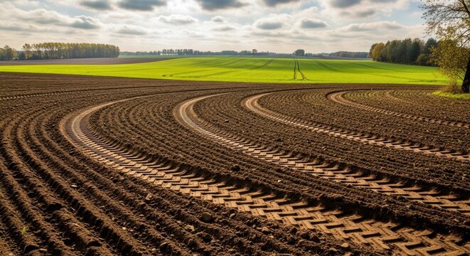 Tilled farmland landscape with tire tracks under cloudy sky agriculture