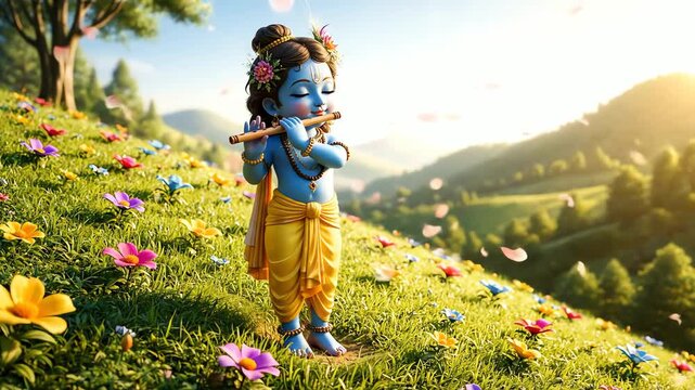 Golden spiritual illustration of little krishna playing the flute on a vibrant green, flowery hillside.