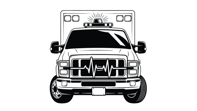 Ambulance Front Illustration with ECG Waveform for Emergency Medicine Campaigns, Fleet Branding and Operational Readiness Reports