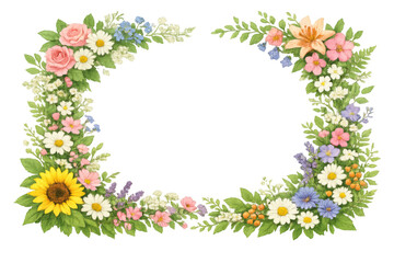 Obraz premium Floral frame creating horizontal border with sunflowers, roses, daisies, lilies, and green leaves on transparent background