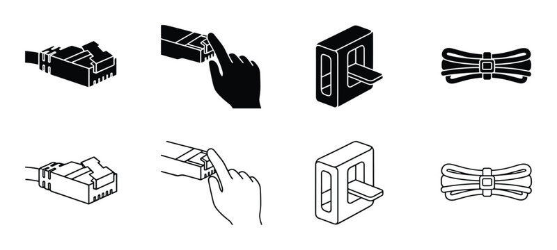 Network cable connector illustrations, modular plug, port, finger press, cable tie, Isometric line drawing, solid filled design