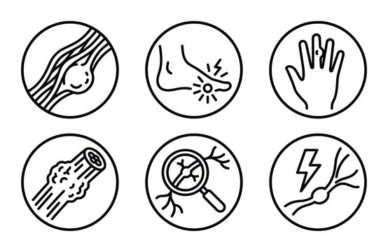 Neuropathy icons set showing nerve damage, foot pain, hand tingling, and nerve examination with magnifier
