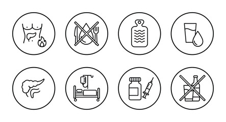 Pancreatitis medical condition icons set in black line art, digestive system, health, therapy and treatment