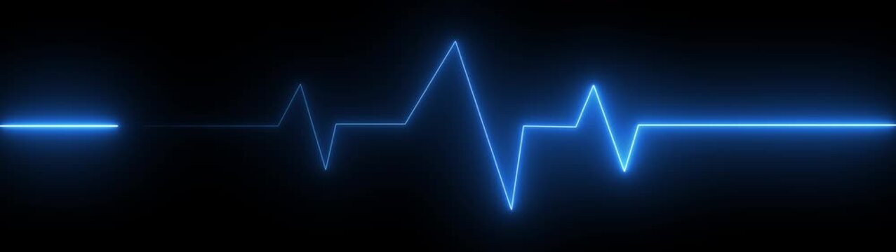 Blue neon ECG heartbeat pulse line on a dark background.glowing electrocardiogram wave showing medical health monitor, emergency cardiology signal and life rhythm concept.
