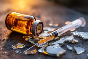 Syringe and Medicine Bottle Lying Beside Shattered Glass on Surface