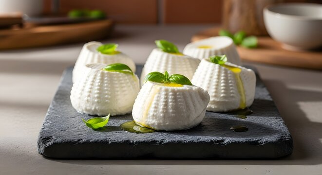 Fresh ricotta cheese mounds with olive oil and basil on slate