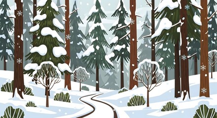 Obraz premium A snowy forest path winds through evergreen trees under a gentle snowfall