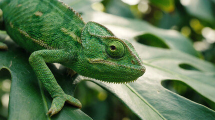 Obraz premium Closeup of a green chameleon perched on a tropical Monstera leaf, captured in a serene jungle setting, macro photography from a side viewpoint