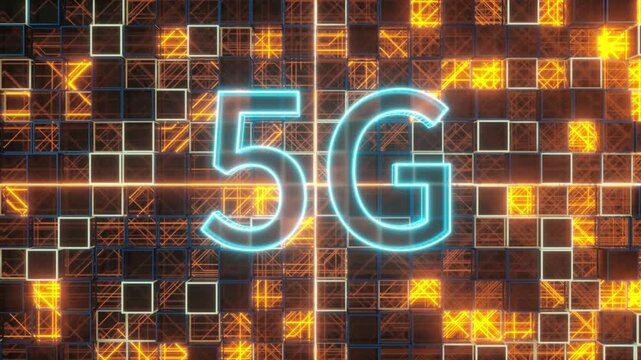 Abstract 5G neon logo on digital grid background with glowing orange light pulses