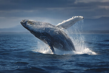 Humpback whale breaching ocean surface with water splashing and mountains in background under cloudy sky, powerful marine mammal in natural habitat