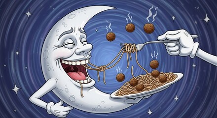 Obraz premium Cartoon moon eating spaghetti and meatballs in a starry night sky