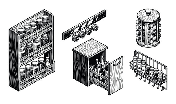 Spice rack collection various storage styles for spice containers, shelf, magnetic, cabinet and rotating options.