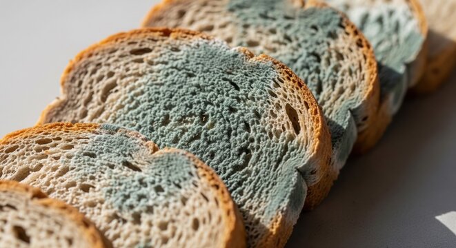 Moldy Bread Slices: Close-up of stale bread slices with a blue-green mold infestation, a visual depiction of food decay, spoilage, and the challenges of food preservation.