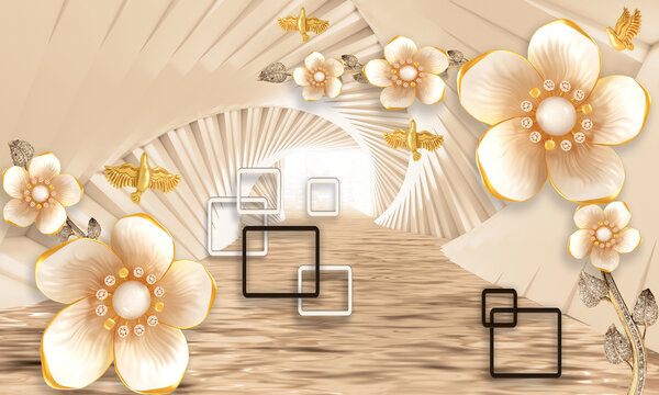 Luxurious 3D wallpaper design featuring elegant cream flowers with pearl centers, golden butterflies and geometric square frames on wave-textured beige background with dimensional fan pattern. Three-d