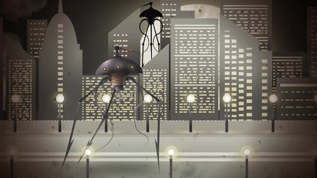 alien tripod invading the city shooting deadly rays