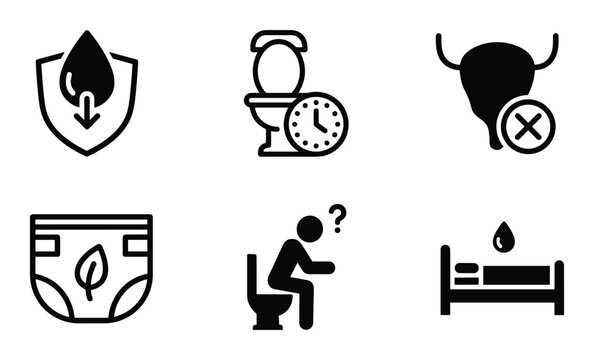 Urinary Incontinence Icons Set: Protection, Time, Bladder, Diaper, Toilet Trouble, Bedwetting Pictogram