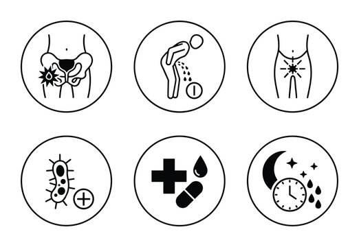 Urinary problems symptoms icons set, pelvic pain, frequent urination, burning sensation, bacterial infection, medicine, nocturia