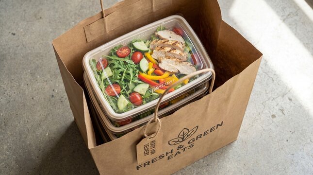 Fresh grilled chicken salad in compostable takeout containers placed inside a branded paper delivery bag.